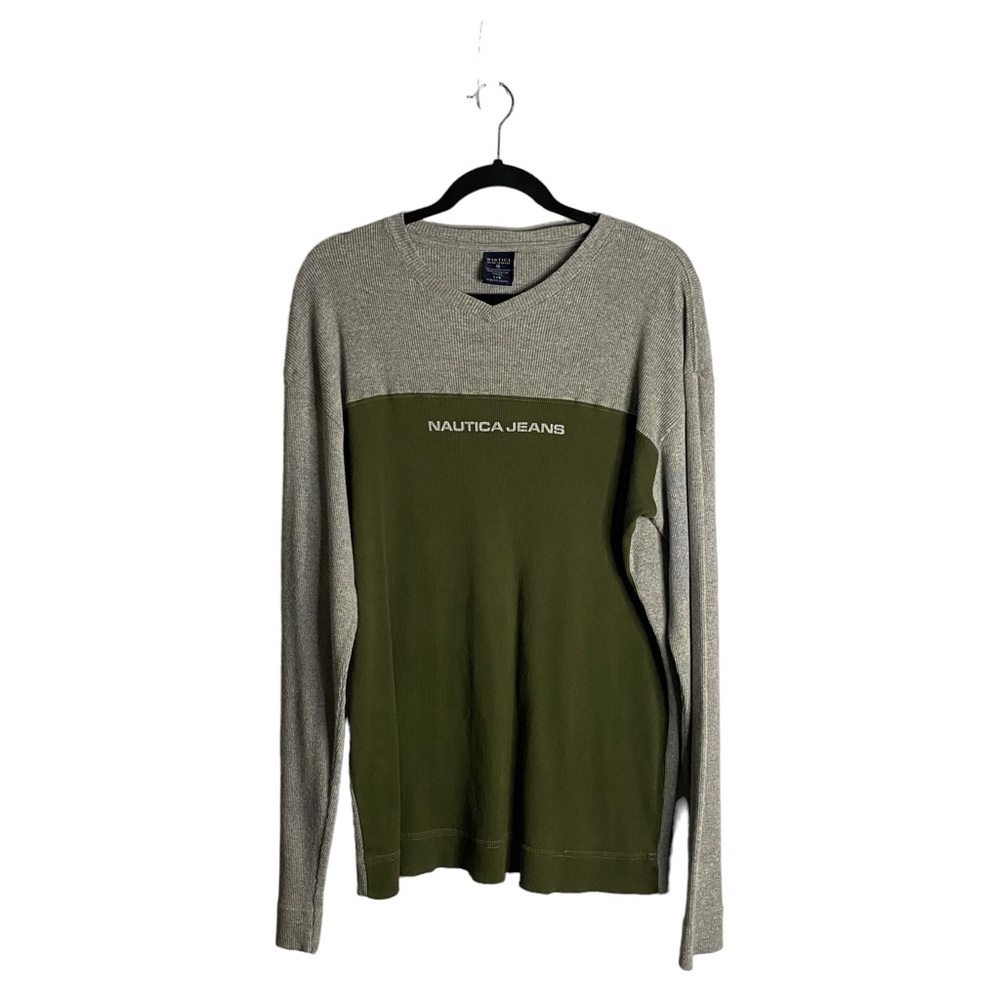 Nautica Jeans Men's Gray/Green Long Sleeve Ribbed Shirt